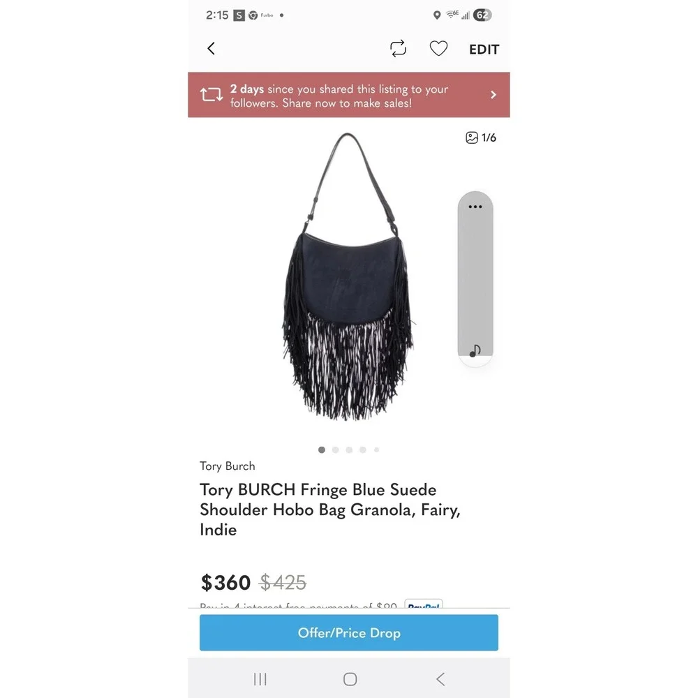 Tory Burch blue suede fringe purse. Never worn. NWOT. Boho Indie stylish Edgy